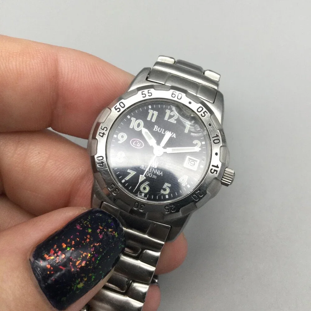 Bulova Millennia 100m Womens Watch 26mm CRACKED CRYSTAL Black New Battery 6